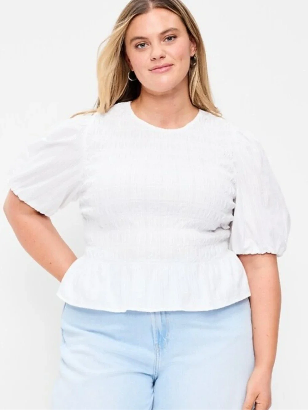 NWT Old Navy White Smocked Puff Sleeve Peplum Blouse Size 2X